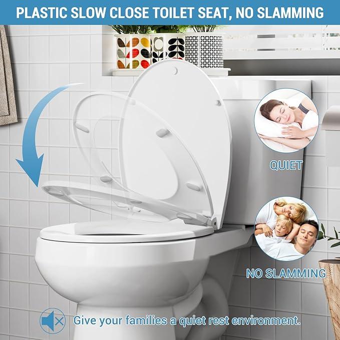 Toilet Seat,Round Toilet Seat with Quiet Close– Locking Hinges, Flat Lid, Quick-Release, Easy to Clean, Durable, Stable – Ideal for Bathroom, Family, Apartment, Hotel Global Fit– White,Regular - ModernBath