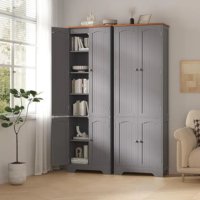 4 Door Pantry -72.2'' Kitchen Cabinet with Adjustable Shelves, Freestanding Cupboard, Tall Storage Cabinets for Dining Room, Living Room, Laundry, Bathroom, Entryway, Grey - ModernBath