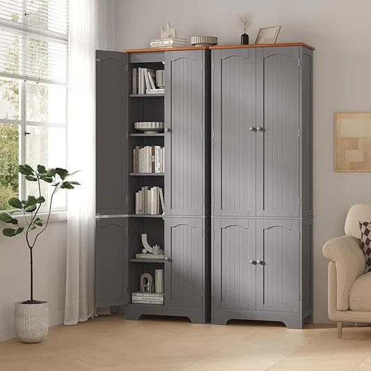 72.2'' Pantry - 4 Door Kitchen Cabinet with Adjustable Shelves, Freestanding Cupboard, Tall Storage Cabinets for Dining Room, Living Room, Laundry, Bathroom, Entryway, Grey 2Pcs - ModernBath