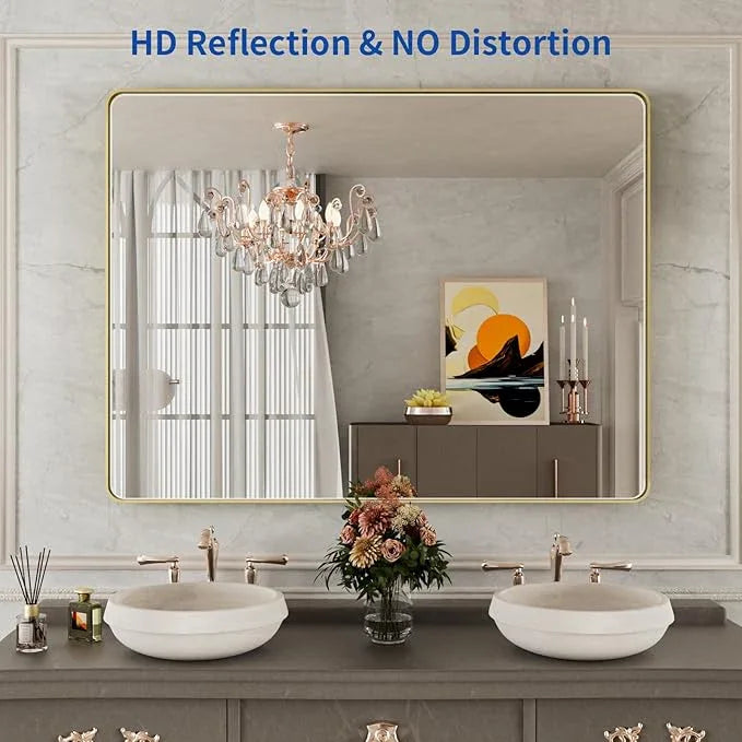 WEER Gold Bathroom Mirror, 48X36 Inch Brushed Gold Metal Frame Mirror, Rounded Rectangle Gold Bathroom Vanity Mirror for Wall, Tempered Glass, Anti-Rust, Hangs Horizontally or Vertically - ModernBath