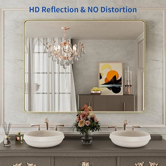 WEER Gold Bathroom Mirror, 48X36 Inch Brushed Gold Metal Frame Mirror, Rounded Rectangle Gold Bathroom Vanity Mirror for Wall, Tempered Glass, Anti-Rust, Hangs Horizontally or Vertically - ModernBath