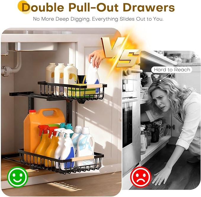 Under Sink Organizer, 2 Tier Pull Out Under-Sink Shelves, Adjustable Height (13.8" -16.9"), Sturdy Metal Storage Organizer for Bathroom Kitchen Pantry Cabinet (2 Packs, Black) - ModernBath