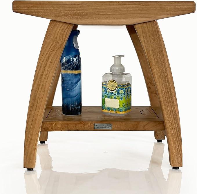 Bayview Patio Indonesian Teak Shower Bench with Shelf 18 Inch Stool | Teak Wood Shower Stool & Spa| Waterproof Shower Bench for Indoor and Outdoor Use| Bathroom Stools for Adults Sitting - ModernBath