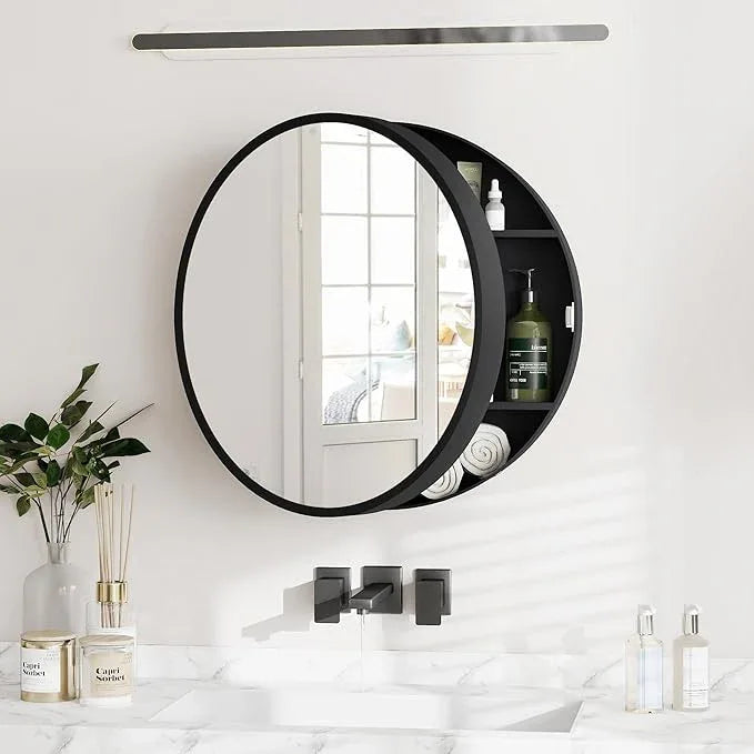 SUNWAVE 20 Inch Round Black Medicine Cabinet with Mirror, Modern Wall Mounted Vanity Cabinet for Bathroom, Circle Bathroom Mirror with Storage, Space-Saving Wood Cabinet (Black, 20 Inch) - ModernBath