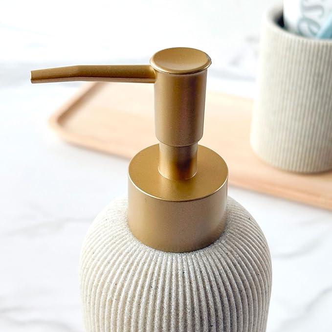 Lunestella Sand Beige Hand Soap Dispenser for Bathroom and Kitchen with Matte Gold Pump, Lotion, Dish Soap, Multiuse, Luxury Farmhouse Style, Sandstone Finish, Rust Proof, 7oz (Matte Gold) - ModernBath