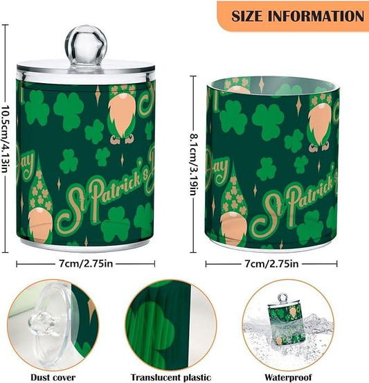 Qtip Holder Bathroom Set Q tip Cotton Ball Swab Pad Dispenser Container Organizer Plastic Jars with Lids Storage 2Pack Green St Patrick's Day Gnome - ModernBath