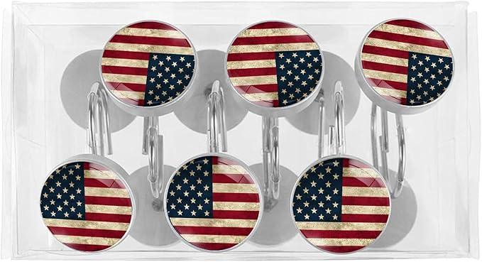 Rustic American Flag Shower Curtain Hooks Set of 12 Rustproof Metal Shower Hooks for Curtains Rods Shower Curtain Rings for Bathroom Living Room Bedroom Decor - ModernBath