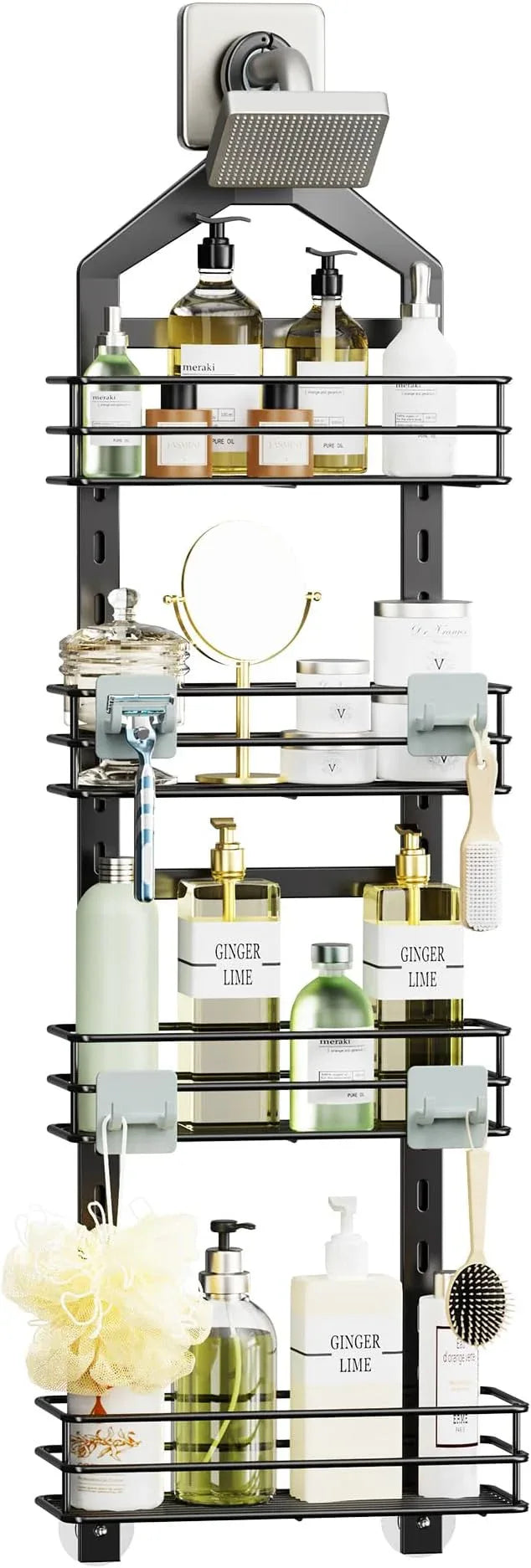 Orimade Adjustable Anti-slip Hanging Shower Caddy over Shower Head,Rustproof Bathroom Hanging shower Organizer with 4 Hooks for Razor,No Drilling Shower shelves Storage Rack,Black 4 Tier - ModernBath