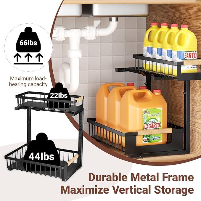 Under Sink Organizer 2-Pack Pull out Cabinet Organizer 2 Tier Metal Shelf Undersink Rack for Kitchen Bathroom Pantry Cabinet Organization and Storage, Black - ModernBath