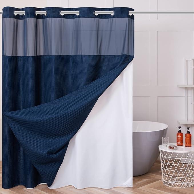 No Hook Waffle Weave Shower Curtain with Snap in Fabric Liner Set,Heavy Duty Textured Bathroom Curtain with See Through Window,Waterproof & Machine Washable,Navy Blue,Stall 36x72 Inch - ModernBath