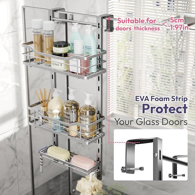 SWTYMIKI Over the Door Shower Caddy - 3 Tier Adjustable Shower Organizer Hanging with Soap Holder, No Drilling Stainless Steel Bathroom Rack Hanging for Body Wash, Shampoo, Soap, Razor, Silver - ModernBath