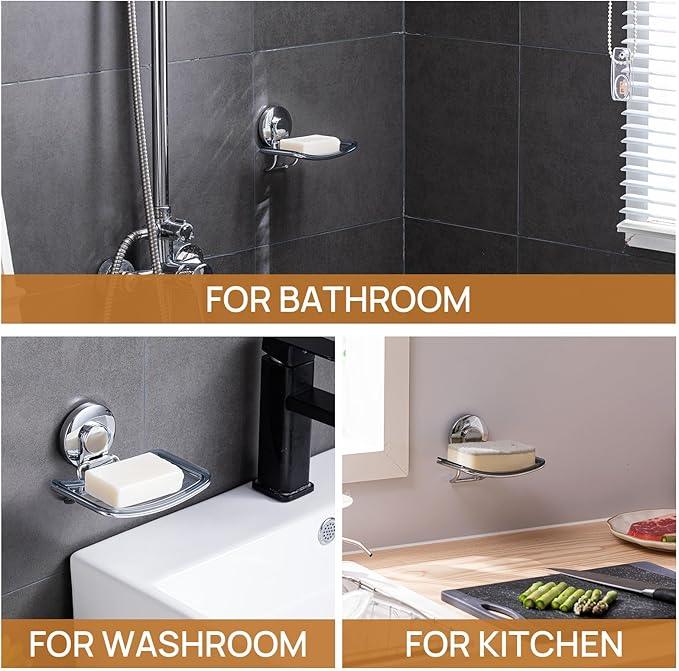 LEVERLOC Chrome Suction Cup Soap Dish Holder for Shower Wall Drill-Free Rustproof Waterproof Wall Mount Strong Suction Removable Bar Soap Sponge Holder for Bathroom Bathtub Kitchen - ModernBath