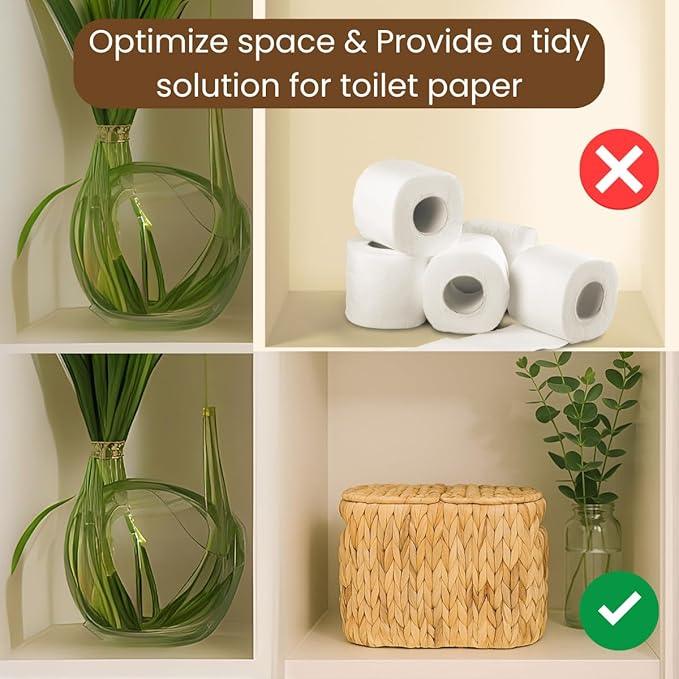 Toilet Paper Basket with Lid, Woven Natural Water Hyacinth Toilet Paper Storage, Papers Container for 4 Mega Rolls, Storage Holder with Built-in Handles, Slim Bathroom Stand Basket Organizer for Decor - ModernBath