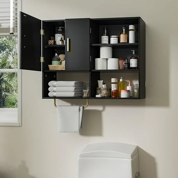 Bathroom Wall Cabinet Wood Large Wall Mounted Medicine Cabinet with 2 Doors and 4 Open Shelves Over Toilet Storage Cabinet Organizer with Towel Bar, Black - ModernBath