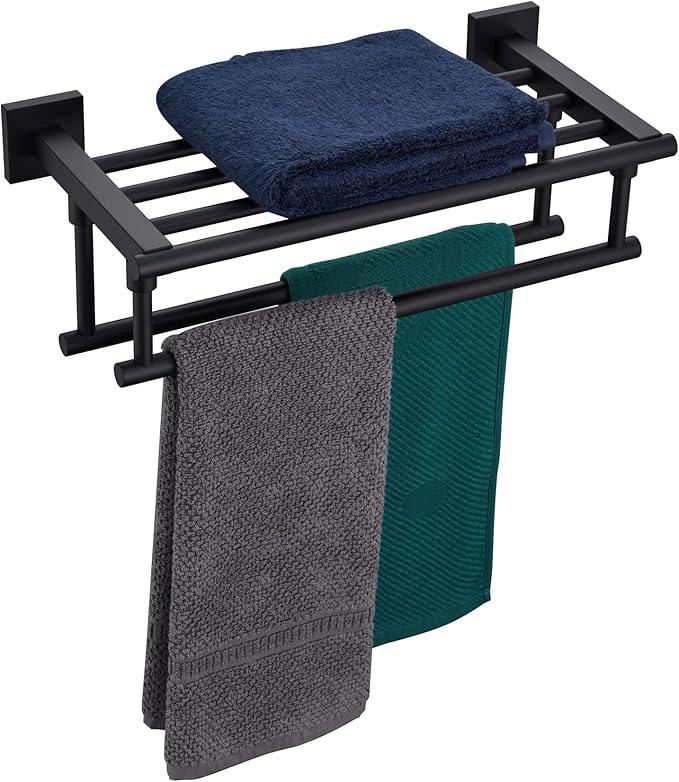 KOKOSIRI Bath Towel Rack with Double Towel Bars 16-Inch Bathroom Towel Shelves Towel Holder Wall Mounted Stainless Steel, Matte Black, B6005BK-L16 - ModernBath