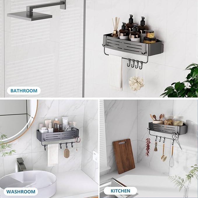 Onemake Shower Caddy Suction Cup, No Drilling Bathroom Shower Shelf, Corner Shower Caddy with 6 Portable Hooks, Removable Bath Organizer with Towel Bar for Bathroom Storage(Gray) - ModernBath