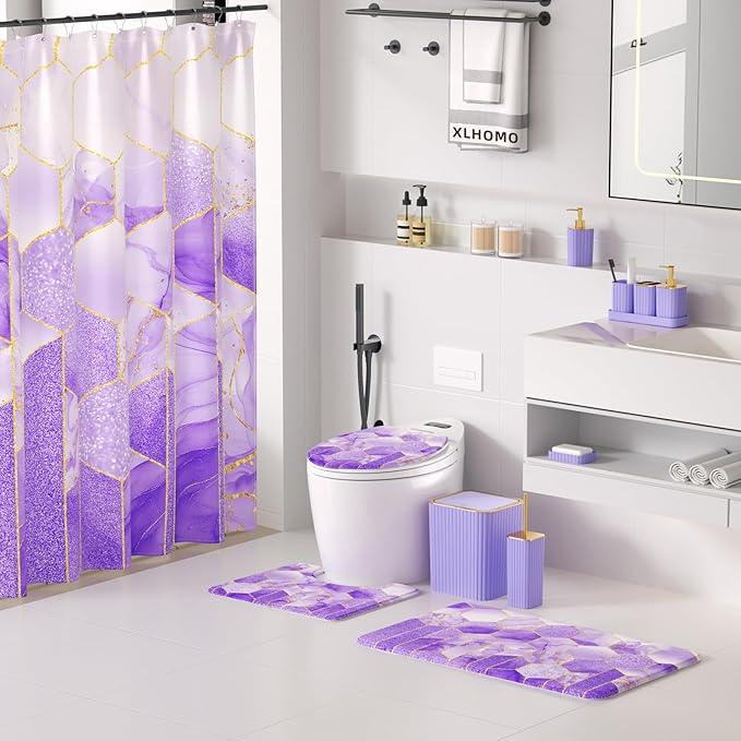 XLHOMO Bathroom Set - 26PC Bathroom Set with Shower Curtain and Rugs, Bathroom Accessory Set, Purple Bathroom Accessories Set, Trash Can & Soap Dispenser - ModernBath