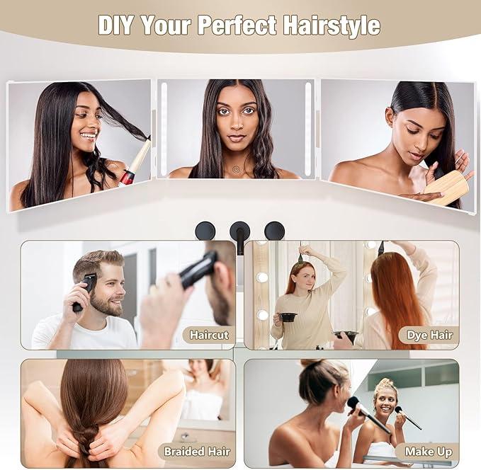 Dripex 3 Way Mirror with Led Lights for Men or Women, 360° Trifold Self Haircut Mirror with Height Adjustable Hooks, for Makeup, Styling, Shaving, Braiding, Dye Hair (White with Led) - ModernBath