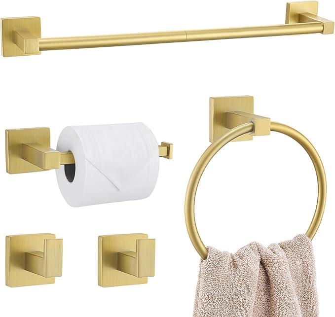 Lairuier 5-Piece Brushed Gold Bathroom Hardware Set, Bathroom Accessories Set with Towel Bar, Toilet Paper Holder and 2 Towel Hooks SUS304 Stainless Steel Towel Bar Set Wall Mounted - ModernBath