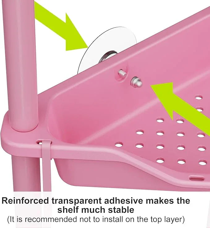 Orimade Rustproof 3 Tier Floor Standing Corner Shower Caddy Organizer, Plastic Metal Splicing Floor Corner Shelf Rack Stands for Bathroom, Pink - ModernBath
