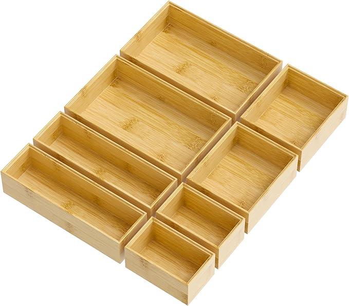 Bathroom Drawer Organizer Trays, Bamboo Silverware Drawer Organizer Kitchen Utensils, 8 PCS Wood Box Stackable Bins for Makeup, Office Desk, Vanity, Junk Drawer - ModernBath