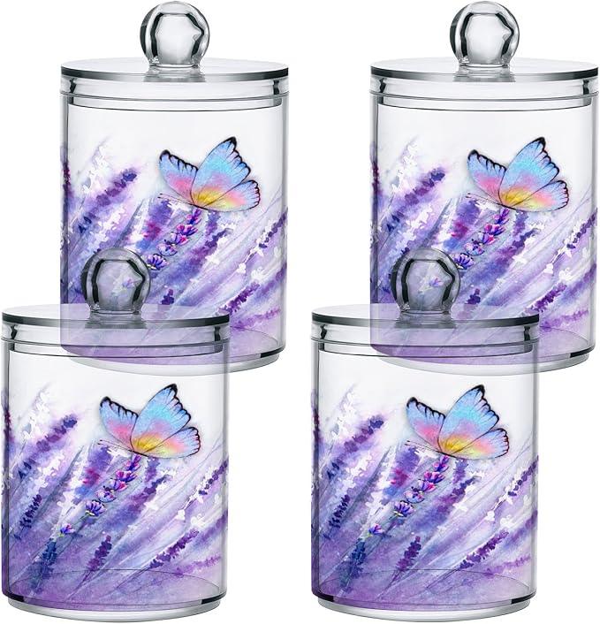 BOENLE 4 Pack Qtip Holder Dispenser Lavender Butterfly Purple Bathroom Storage Canister Lid Acrylic Plastic Apothecary Jar Set Vanity Makeup Organizer for Cotton Swab/Ball/Pad/Floss - ModernBath