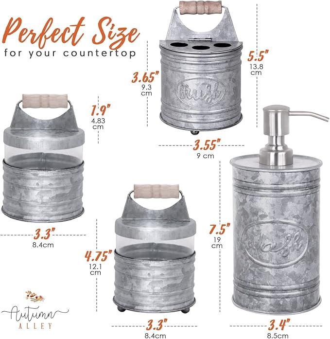 Autumn Alley Rustic Bathroom Accessories Set 4 - Galvanized Soap Dispenser, Rustic Toothbrush Holder, 2 Apothecary Jars Qtip Holder - Western Bathroom Decor – Farmhouse Bathroom Decor Accessories - ModernBath
