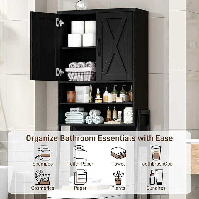 Vabches Over The Toilet Storage Cabinet, Farmhouse Over Toilet Storage Cabinet, Metal Frame with 2 Barn Doors, Home Space-Saving Toilet Rack for Bathroom, Toilet, Laundry Room,Black - ModernBath