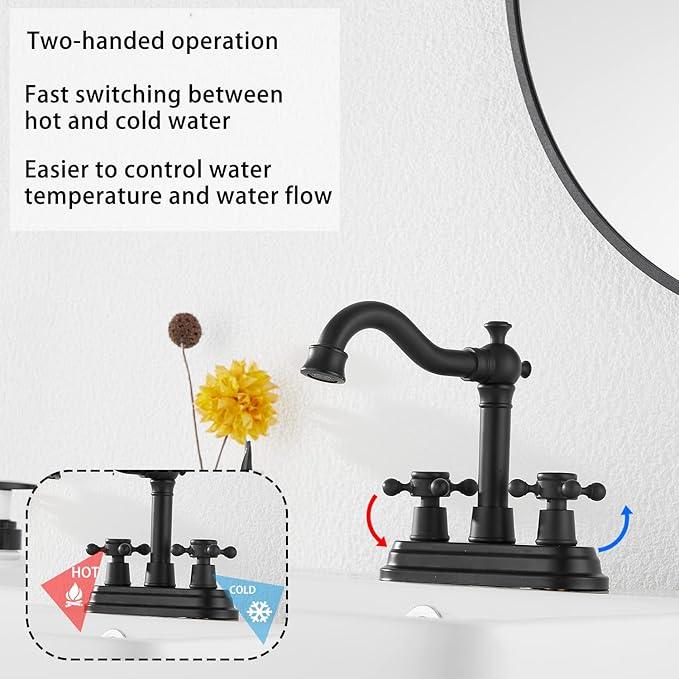 Bathroom Faucet Matte Black GGStudy 2 Handles 4 Inches Centerset Bathroom Vanity with Drain Assembly and Supply Hose Lavatory Faucet Mixer Double Handle Tap - ModernBath