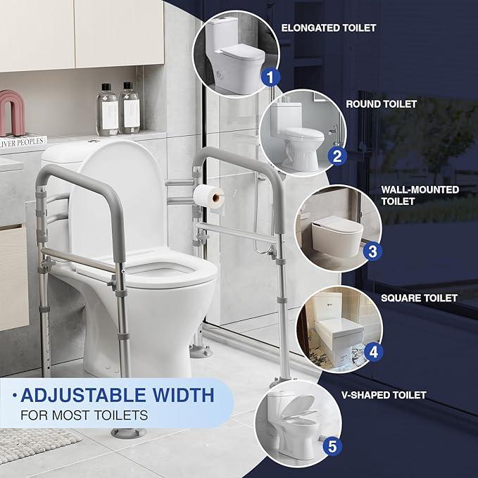 Loyoda Foldable Toilet Safety Rails for Seniors - Adjustable Toilet Safety Frame & Toilet Handles for Elderly & Disabled, Fits Most Toilets, 350lb Capacity, Gray - ModernBath