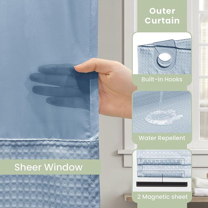 Inhousolu Long No Hook Shower Curtain with Snap in Fabric Liner Set Waffle Weave 230GSM Weighted Hem, Waterproof & Washable Bathroom Curtain Spa Luxury with Mesh Top Window 72" W x 78" L Fog Blue - ModernBath