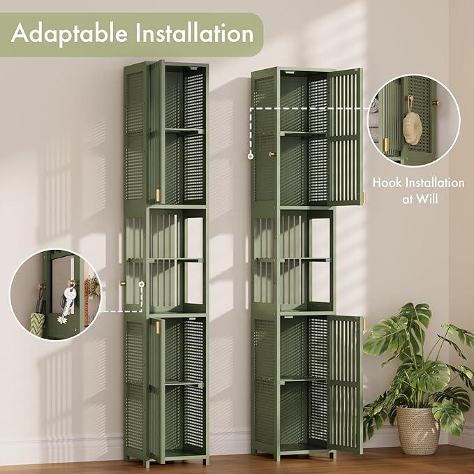 Amazer 70'' Tall Bathroom Storage Cabinet Bamboo, Slim Storage Cabinet with Rattan Door and Adjustable Shelves, Narrow Freestanding Organizer for Living Room Kitchen, Forest Green - ModernBath