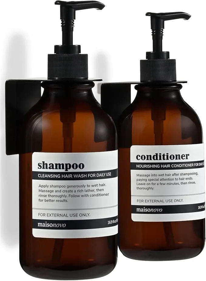 MaisoNovo Shampoo and Conditioner Dispenser - Shower Soap Dispenser Wall Mounted - 16.9 fl oz Set of 2 Amber Plastic Bottles Black Pump - Shampoo Dispenser, Shower Dispenser 2 Chamber No Drill - ModernBath