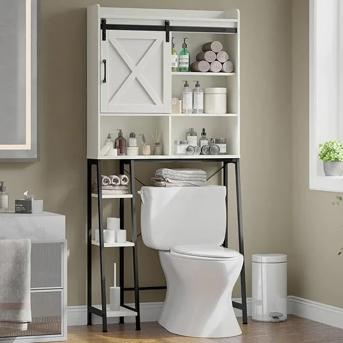 Vabches Over The Toilet Storage Cabinet, Farmhouse Storage Cabinet Over Toilet with Sliding Door & Toilet Paper Holder Stand, Home Space-Saving Toilet Rack for Bathroom, Restroom - ModernBath