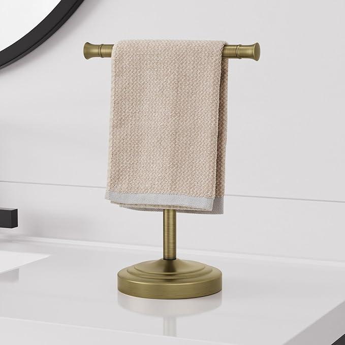 RUMOSE 13 Inch Antique Brass Towel Bar Stand Hand Holder Bathroom Kitchen Vanity Countertop T-Shape Towel Rack Free Standing Stainless Steel - ModernBath