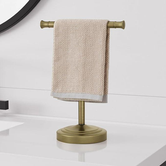 RUMOSE 13 Inch Antique Brass Towel Bar Stand Hand Holder Bathroom Kitchen Vanity Countertop T-Shape Towel Rack Free Standing Stainless Steel - ModernBath