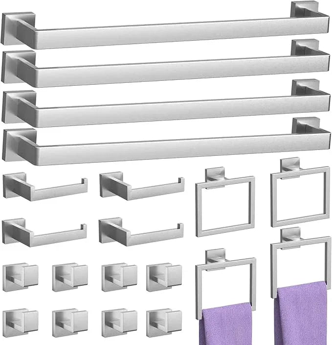 20-Piece Brushed Nickel Bathroom Accessories Set – 23.6" Towel Bar, Towel Ring, Toilet Paper Holder & Hooks, Wall Mounted Bathroom Hardware, Rust & Corrosion-Resistant, Ideal for Modern Bathrooms - ModernBath