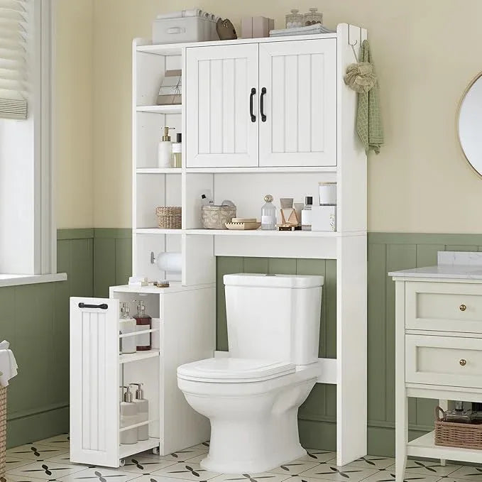 Over The Toilet Storage Cabinet with Pulley Small Bathroom Storage Cabinet, Space Saver W/Adjustable Shelf & Open Shelf for Bathroom, Restroom, Laundry (White-Type A) - ModernBath