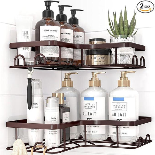 Corner Shower Caddy - 2 Pack, Adhesive Shower Organizers, Rustproof Stainless Steel Shower Shelves with 8 Hooks, No Drilling Bathroom Organizers and Storage Racks, Space-Saving, Brown, Medium - ModernBath