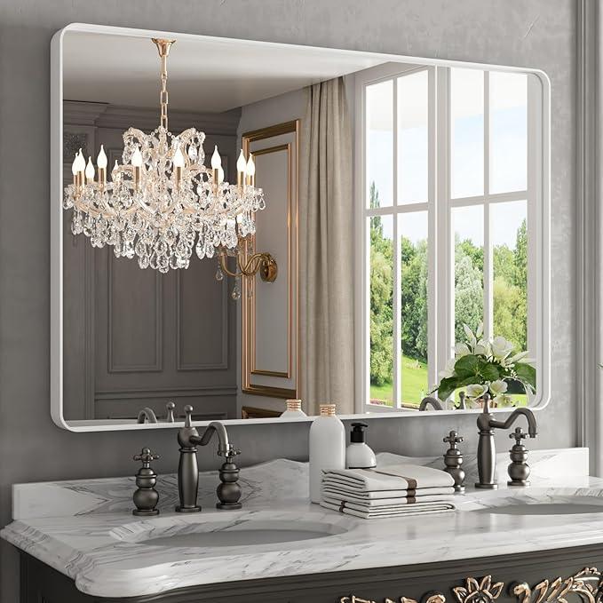 WEER White Bathroom Mirror 48X32 Inch, Rounded Rectangle White Metal Frame Mirror, Matte White Bathroom Vanity Mirror with Tempered Glass, Anti-Rust, Hangs Horizontally or Vertically - ModernBath