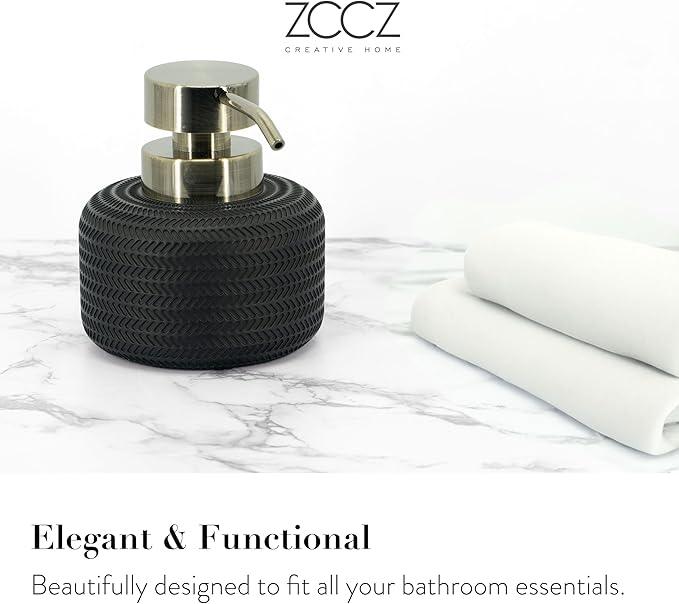 ZCCZ Black Bathroom Accessories Set 4 Pcs - Toothbrush Holder, Soap Dispenser, Vanity Tray, Tumbler - Countertop Organizer for Bathroom - Modern Accessory Set for Home Decor and Storage - ModernBath