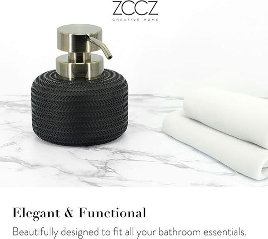 ZCCZ Black Bathroom Accessories Set 4 Pcs - Toothbrush Holder, Soap Dispenser, Vanity Tray, Tumbler - Countertop Organizer for Bathroom - Modern Accessory Set for Home Decor and Storage - ModernBath
