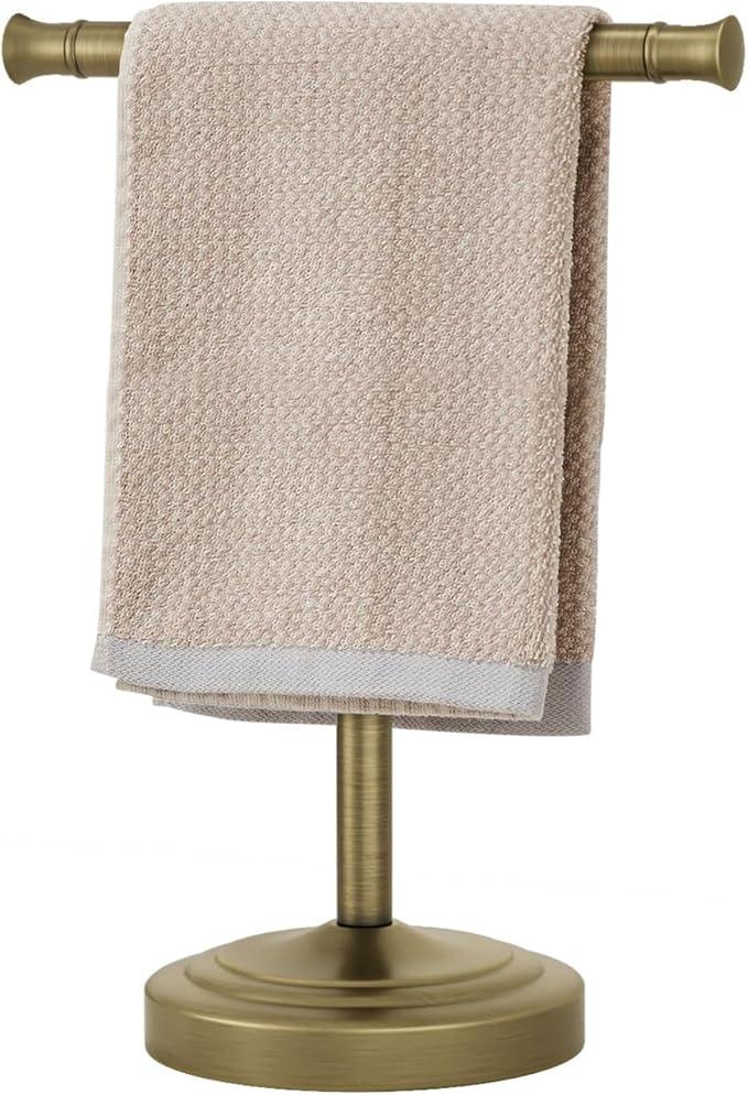 RUMOSE 13 Inch Antique Brass Towel Bar Stand Hand Holder Bathroom Kitchen Vanity Countertop T-Shape Towel Rack Free Standing Stainless Steel - ModernBath