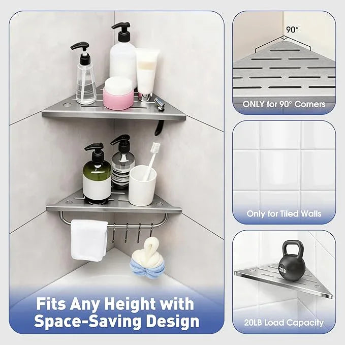 Shower Corner Shelf, 10'' Corner Shower Shelf with Towel Bar & Hooks, 2-Pack 304 Stainless Steel Recessed Bathroom Shelves, No Drilling for Tiled Wall (Brushed Nickel) - ModernBath