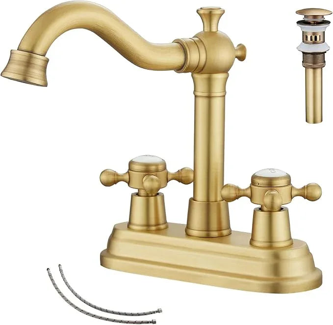 GGStudy Bathroom Faucet Antique Brass 2 Handles 4 Inches Centerset Bathroom Vanity with Drain Assembly and Supply Hose Lavatory Faucet - ModernBath