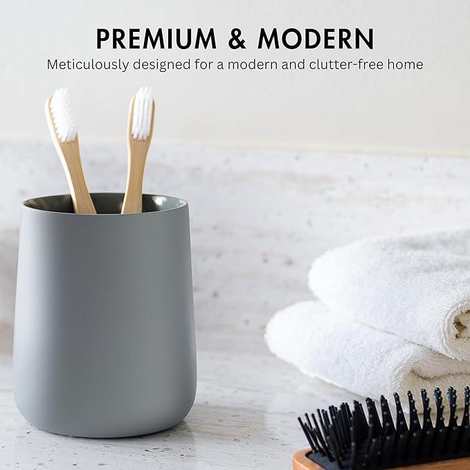 Yew Design Matte Gray Toothbrush and Toothpaste Holder and Cup for Bathroom Vanity and Countertop, Round Organizer for Electric Toothbrushes, Floss, Razors, Cotton, and Mouthwash - ModernBath