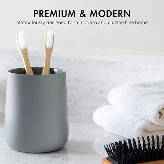 Yew Design Matte Gray Toothbrush and Toothpaste Holder and Cup for Bathroom Vanity and Countertop, Round Organizer for Electric Toothbrushes, Floss, Razors, Cotton, and Mouthwash - ModernBath