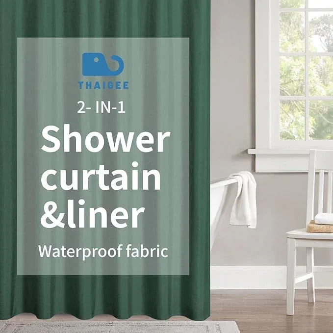 THAIGEE 2-in-1 Waterproof Fabric Shower Curtain or Liner,Linen Textured,Breathable TPU & Washable Bathroom Shower Curtain Set with 12 Plastic Hooks,Modern,72"x72" Emeraldgreen - ModernBath