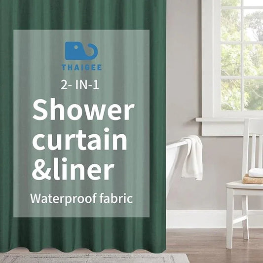 THAIGEE 2-in-1 Waterproof Fabric Shower Curtain or Liner,Linen Textured,Breathable TPU & Washable Bathroom Shower Curtain Set with 12 Plastic Hooks,Modern,72"x72" Emeraldgreen - ModernBath