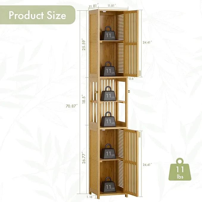 Amazer 70'' Tall Bathroom Storage Cabinet Bamboo, Narrow Storage Cabinet with Rattan Doors and Adjustable Shelves, Slim Freestanding Organizer for Living Room, Kitchen, Natural Color - ModernBath